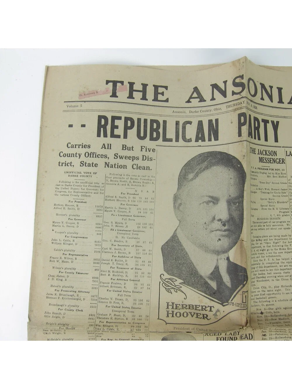 The Ansonian Newspaper Ansonia Darke County Ohio Thursday Nov 1928 Antique RARE